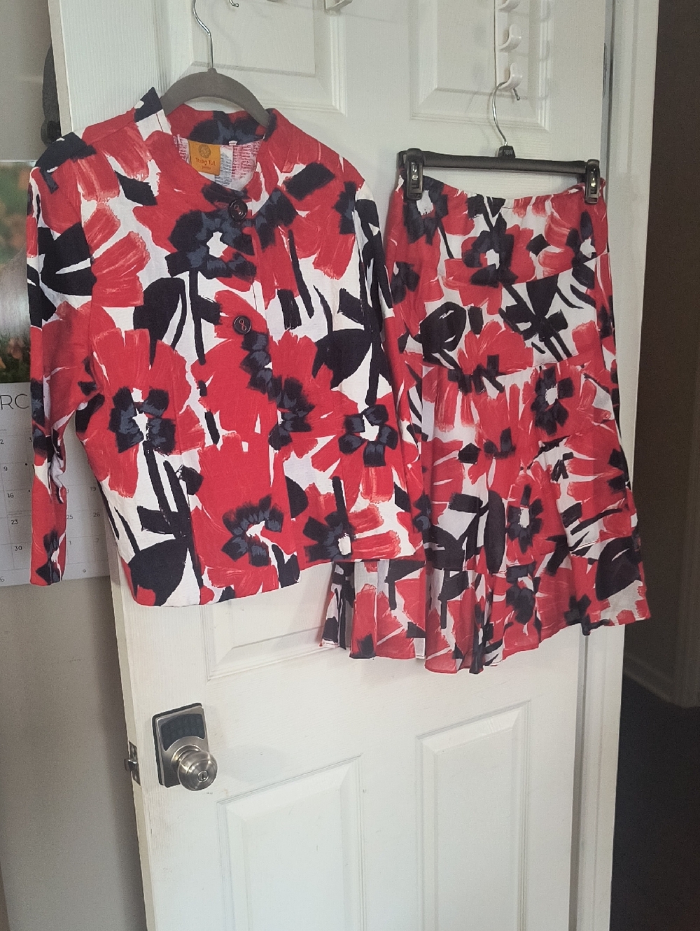 Ruby Rd. Red, Black & White Floral Jacket And A-Line Skirt Set